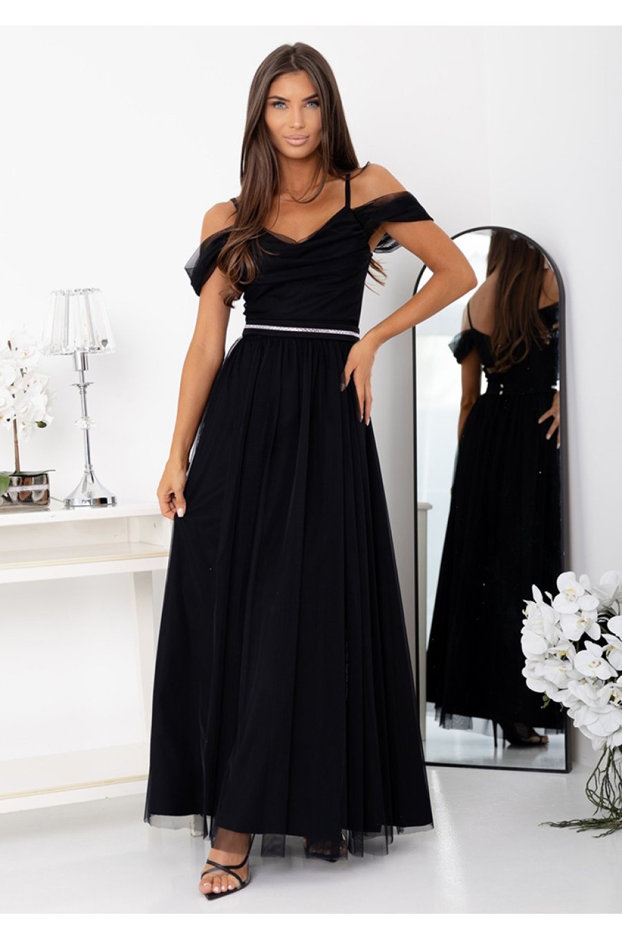 Rochie neagra eleganta lunga din tulle cu umerii goi vaporoasa KiaraW 4 - jojofashion.ro