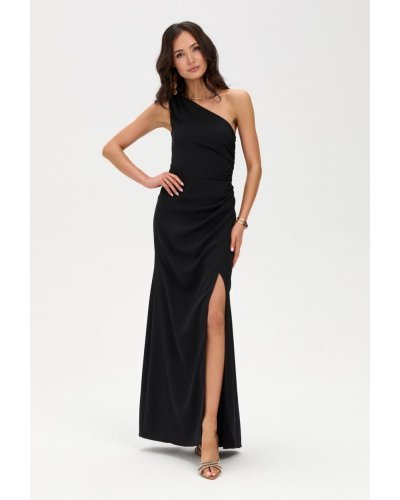 Rochii de Ocazie Elegante, Rochie neagra lunga mulata crapata pe picior cu un umar gol CelestiaR - jojofashion.ro