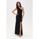 Rochie neagra lunga mulata crapata pe picior cu un umar gol CelestiaR 2 - jojofashion.ro