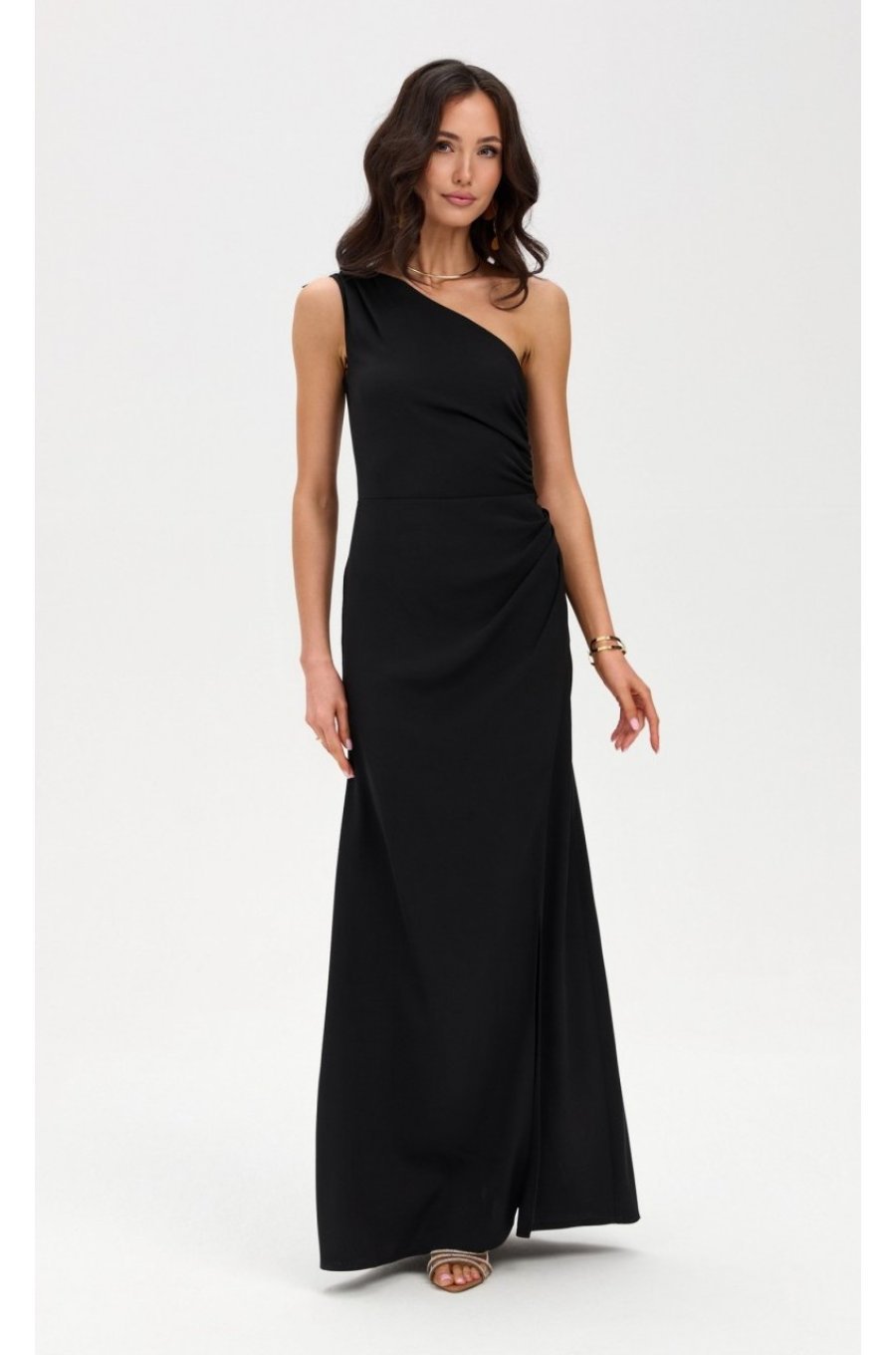Rochie neagra lunga mulata crapata pe picior cu un umar gol CelestiaR 3 - jojofashion.ro