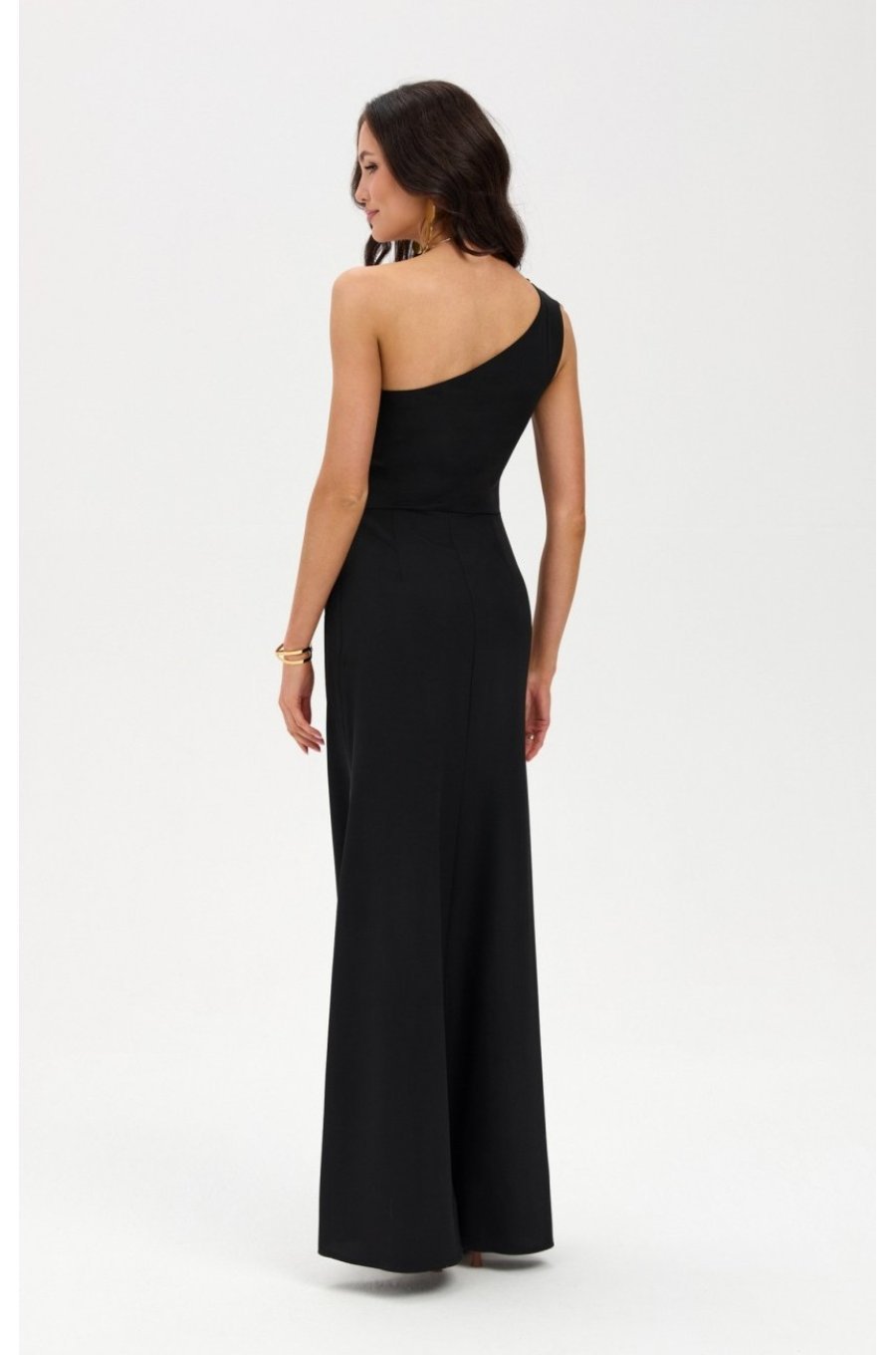 Rochie neagra lunga mulata crapata pe picior cu un umar gol CelestiaR 2 - jojofashion.ro