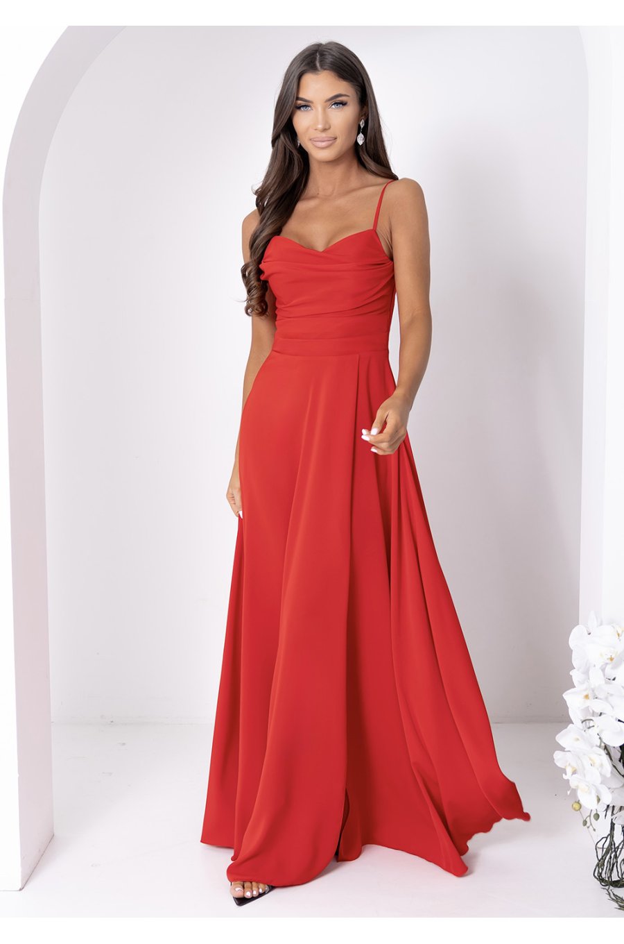 Rochie rosie eleganta lunga cu corset si umeri goi vaporoasa VenussW 3 - jojofashion.ro