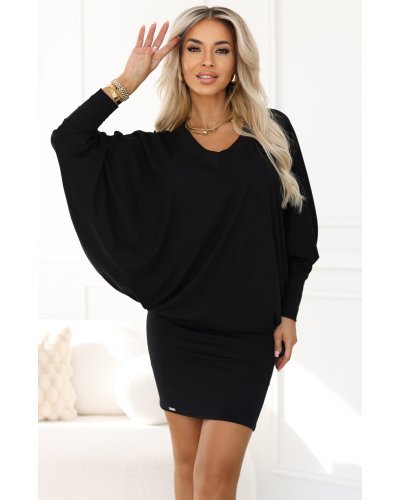 Rochii de Ocazie, Rochie scurta neagra cu maneca lunga tip liliac oversize Deandra - jojofashion.ro