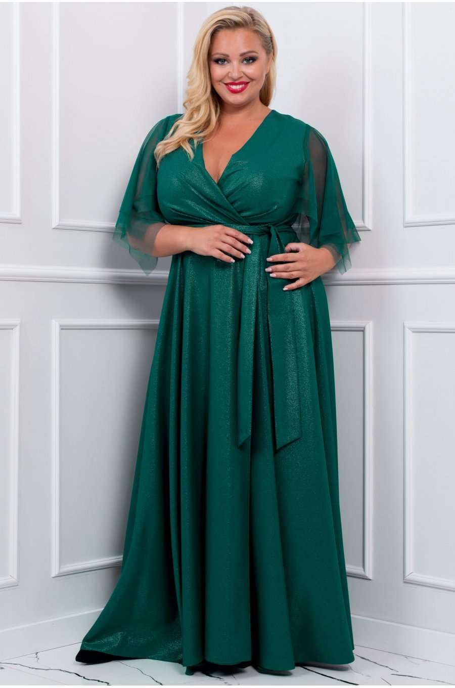 Rochie lunga verde din brocard vaporoasa empire Evita 1 - jojofashion.ro