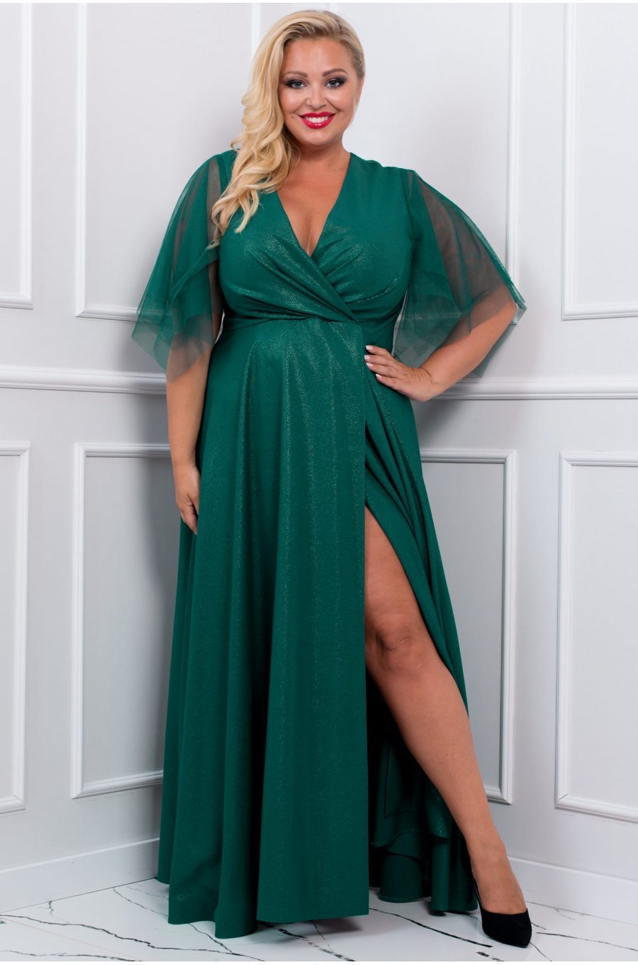 Rochie lunga verde din brocard vaporoasa empire Evita 3 - jojofashion.ro