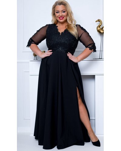 Rochie lunga neagra in marimi mari cu dantela si maneca trei sferturi Adalyze2 Rochii lungi, Rochie lunga neagra in marimi mari cu dantela si maneca trei sferturi Adalyze2 - jojofashion.ro