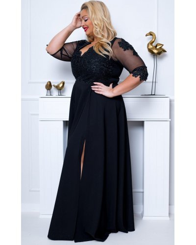 Rochie lunga neagra in marimi mari cu dantela si maneca trei sferturi Adalyze2 Rochii lungi, Rochie lunga neagra in marimi mari cu dantela si maneca trei sferturi Adalyze2 - jojofashion.ro