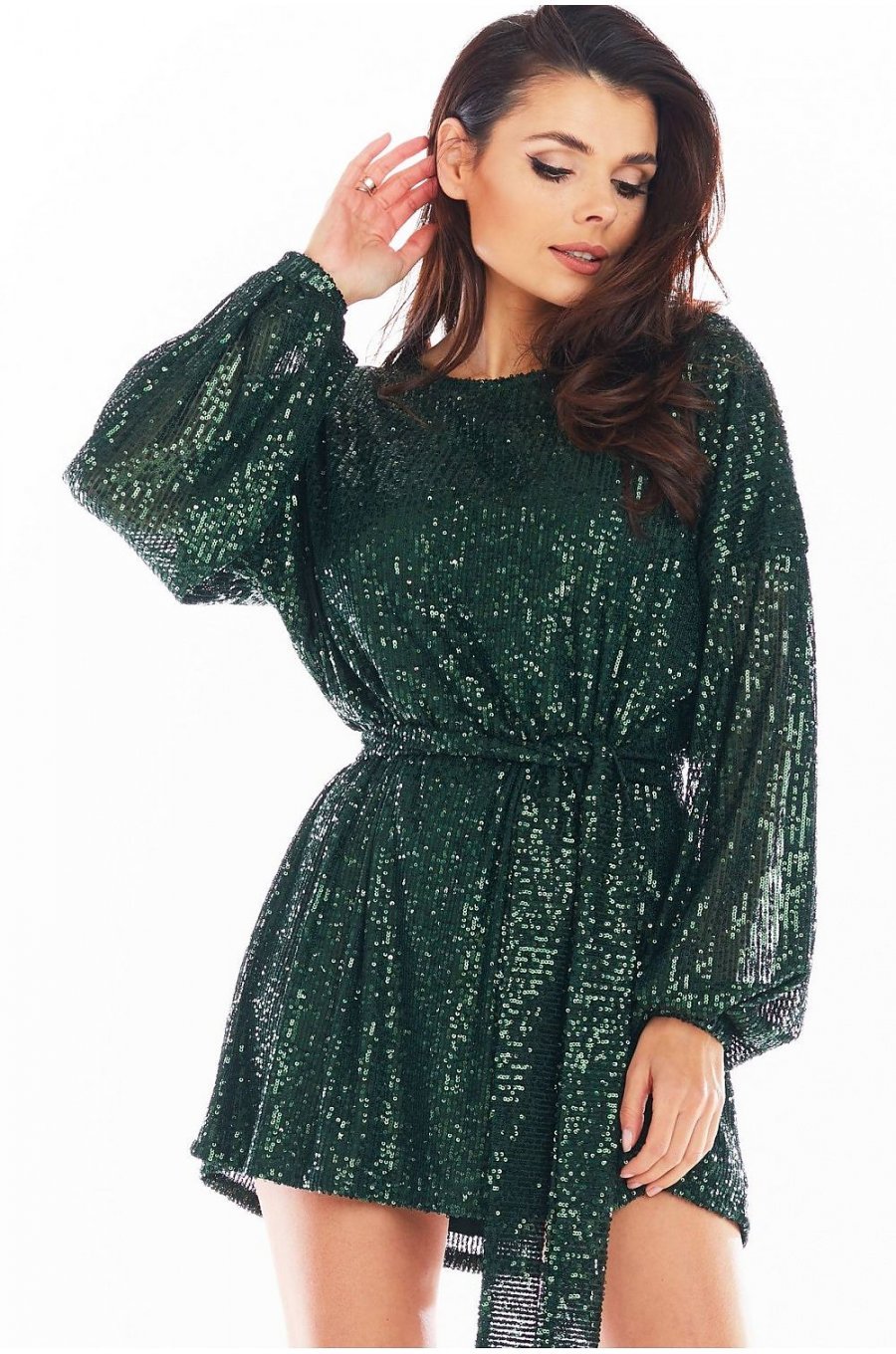 Rochie scurta verde din paiete cu maneca lunga Sherlyn 1 - jojofashion.ro