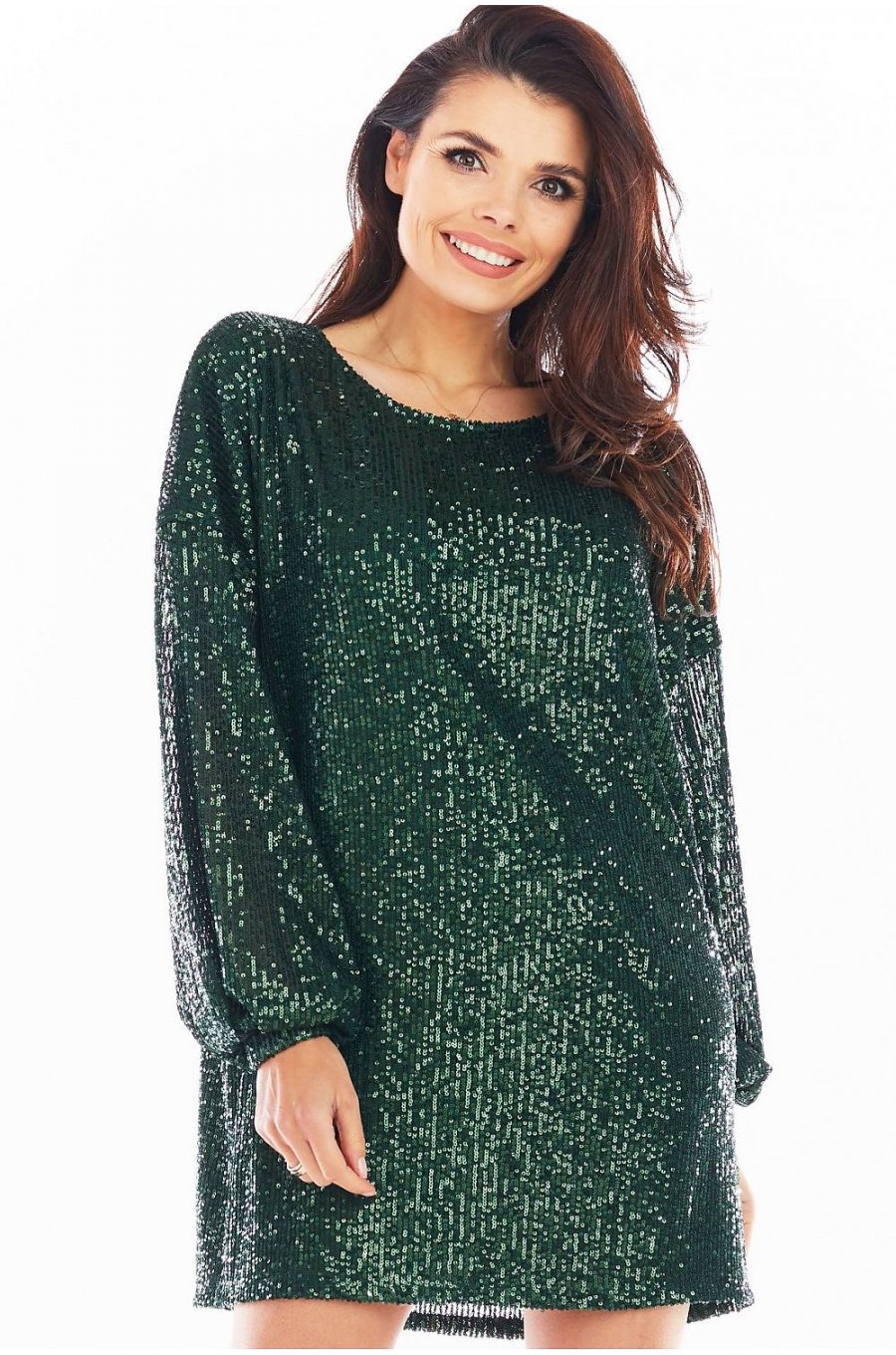 Rochie scurta verde din paiete cu maneca lunga Sherlyn 4 - jojofashion.ro