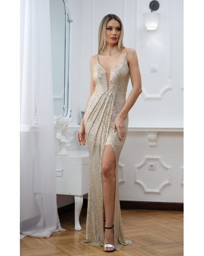 Rochie lunga mulata aurie din paiete Celine  Rochie lunga mulata aurie din paiete Celine  - jojofashion.ro