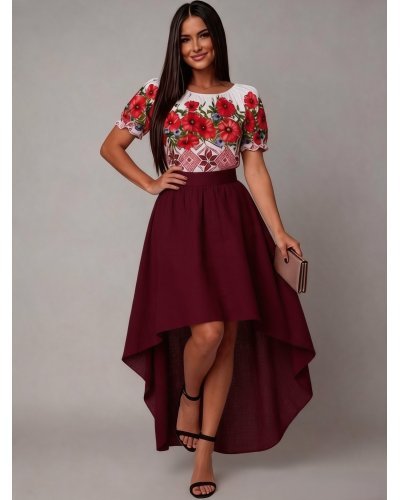Rochii vaporoase, Rochie midi cu motive traditionale din tafta burgundy cu maci Byanca - jojofashion.ro