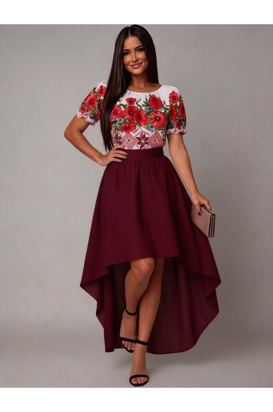 Rochie midi cu motive traditionale din tafta burgundy cu maci Byanca 1 - jojofashion.ro