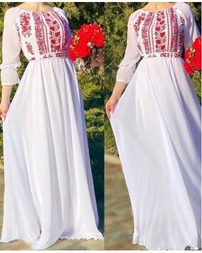 Rochii fabricate in Romania, Rochie lunga alba din voal cu motive traditionale Saray - jojofashion.ro