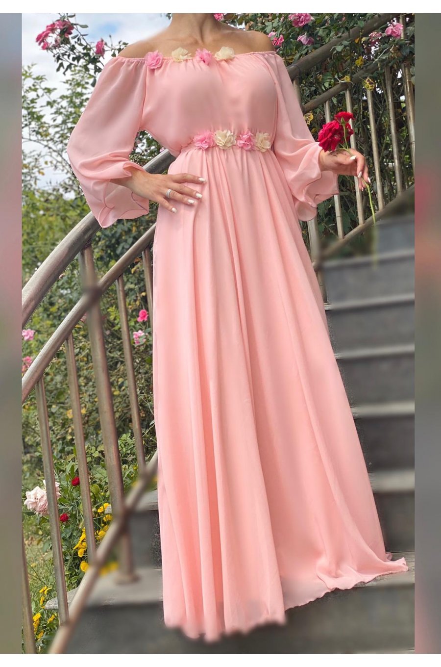 Rochie lunga din voal roz AngelD 1 - jojofashion.ro