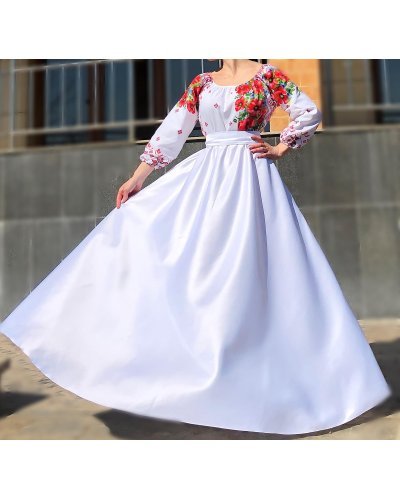 Rochii marimi mari, Rochie traditionala lunga din tafta alba Anna - jojofashion.ro