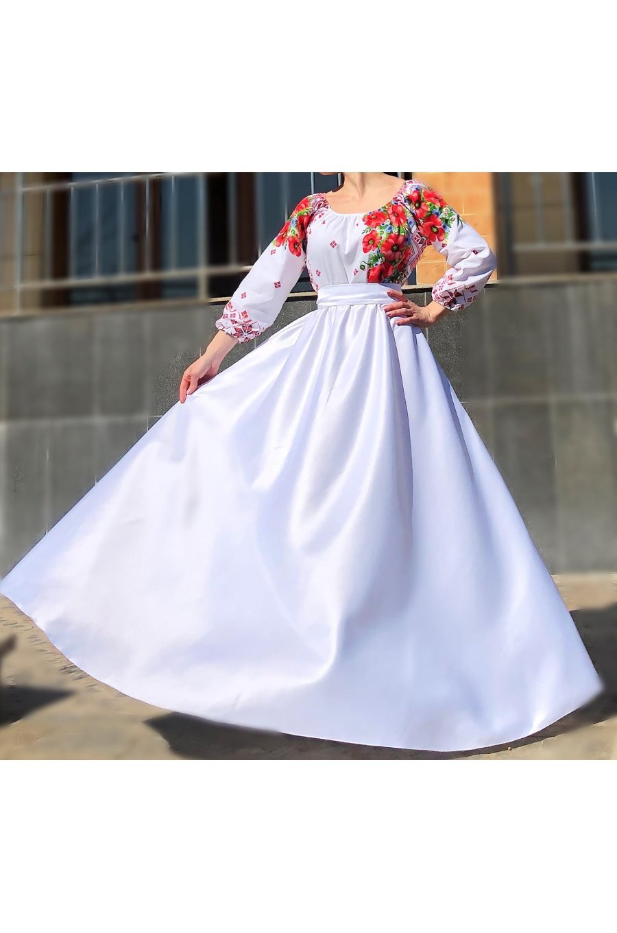 Rochie de ocazie traditionala lunga din tafta alba Anna 2 - jojofashion.ro