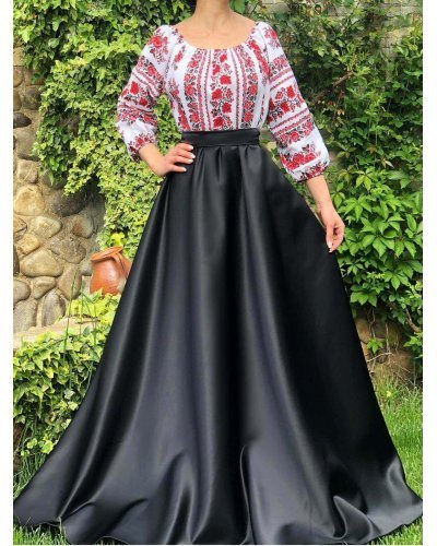 Rochii fabricate in Romania, Rochie de ocazie traditionala tafta neagra, lunga Carmyna - jojofashion.ro