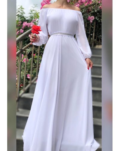 Rochie cununie civila lunga, voal, alba,  cu maneca lunga si umerii goi, Afrodita Rochie cununie civila lunga, voal, alba,  cu maneca lunga si umerii goi, Afrodita - jojofashion.ro