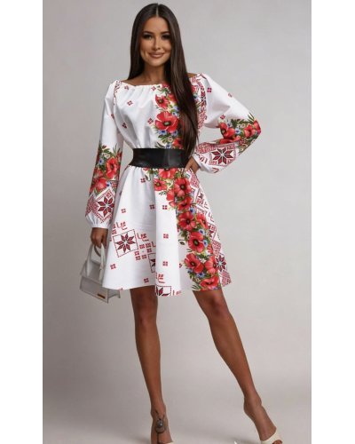 Rochii fabricate in Romania, Rochie traditionala scurta alba cu maci rosii Lesya - jojofashion.ro