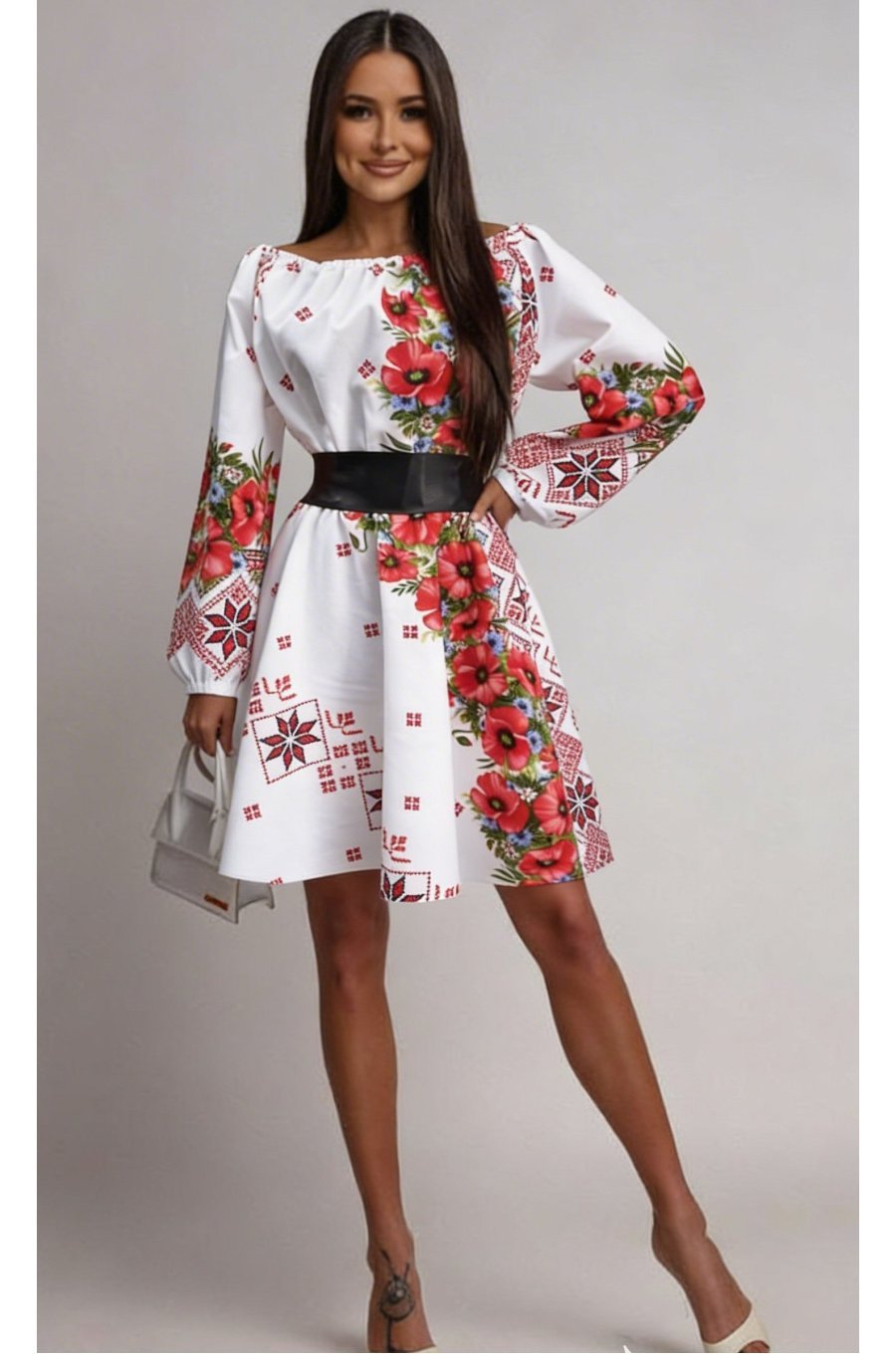 Rochie traditionala scurta alba cu maci rosii Lesya 1 - jojofashion.ro