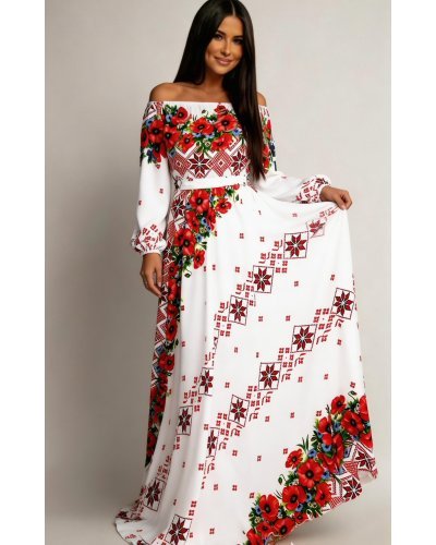 Rochii albe, Rochie traditionala lunga alba cu maci rosii Lorelei - jojofashion.ro