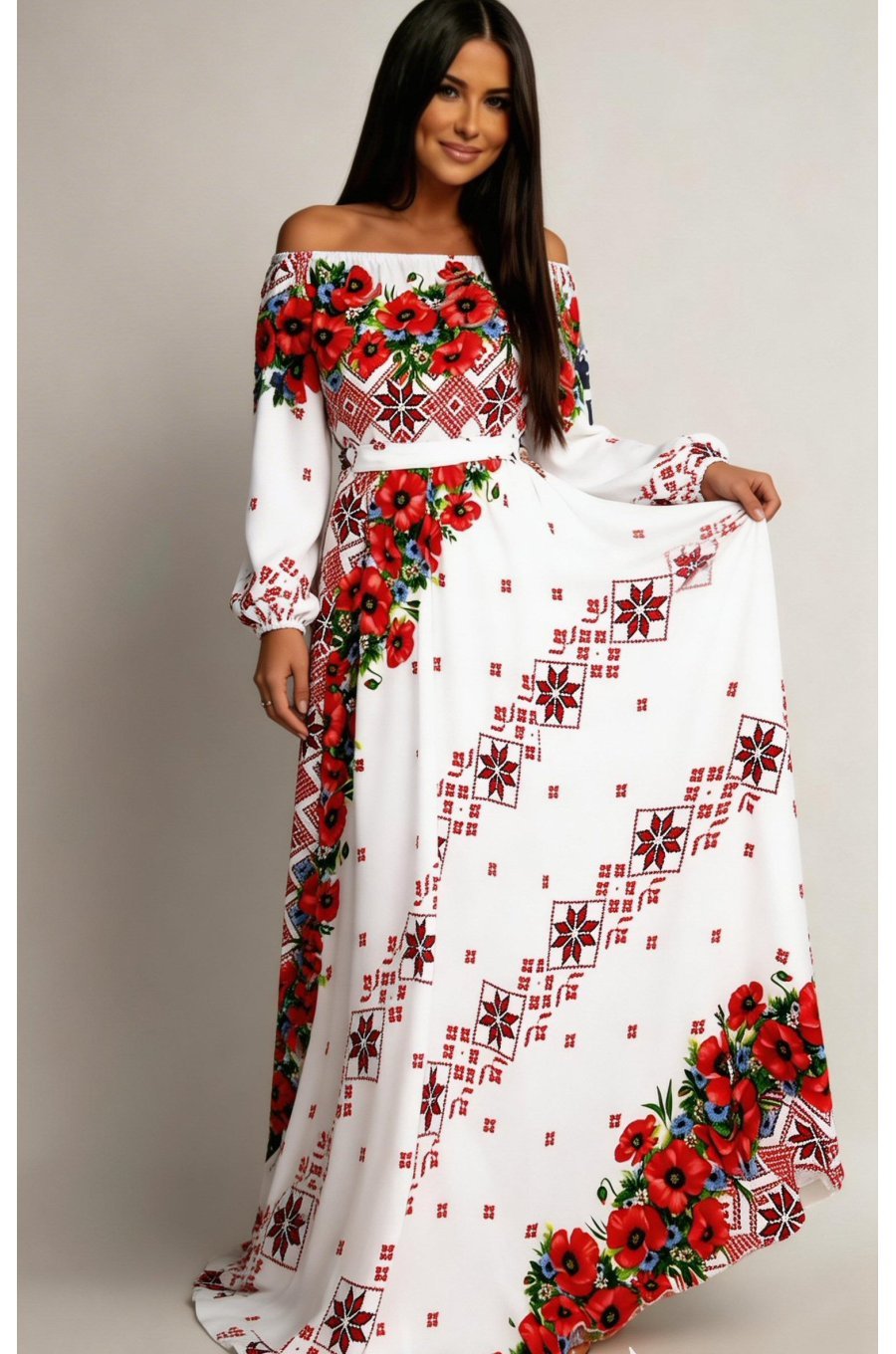 Rochie traditionala lunga alba cu maci rosii Lorelei 1 - jojofashion.ro