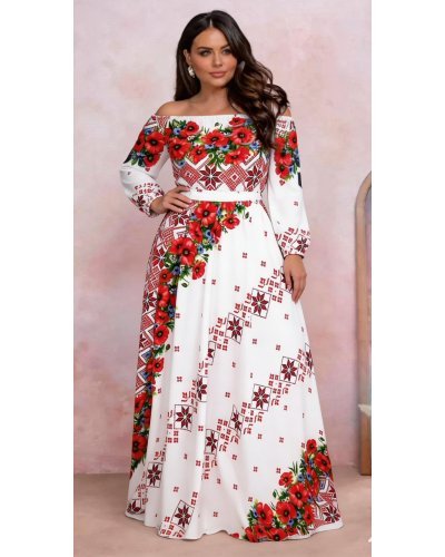 Rochii albe, Rochie traditionala lunga alba cu maci rosii Lorelei - jojofashion.ro