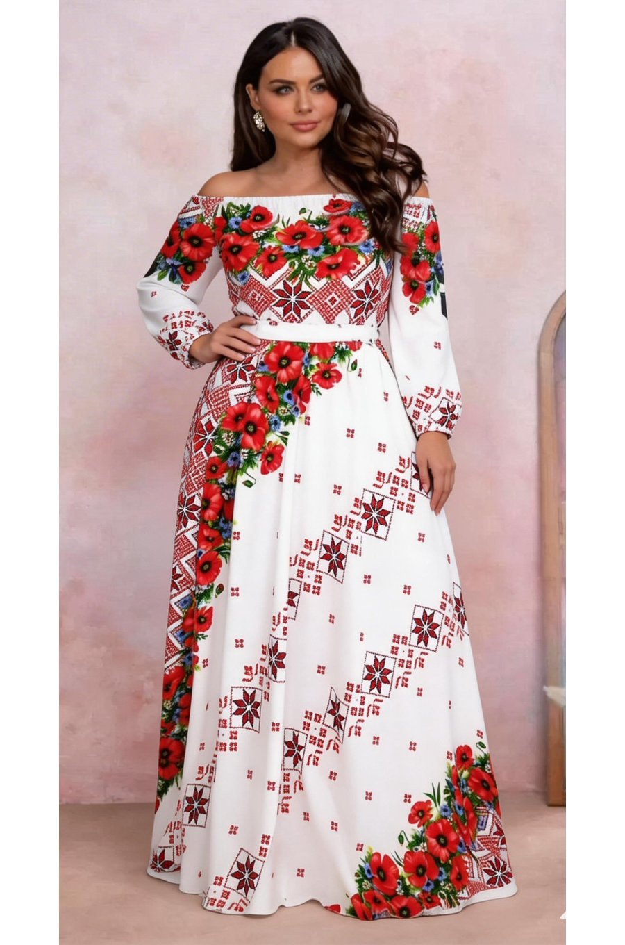 Rochie traditionala lunga alba cu maci rosii Lorelei 2 - jojofashion.ro