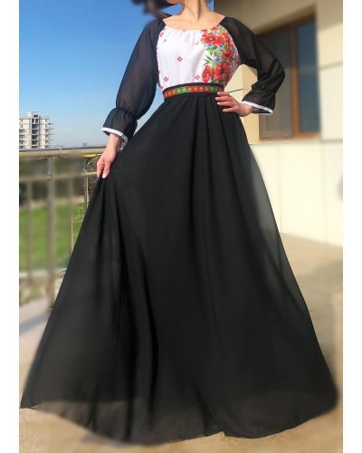 Rochie lunga neagra din voal cu motive traditionale vaporoasa Emanuela Rochii de vara, Rochie lunga neagra din voal cu motive traditionale vaporoasa Emanuela - jojofashion.ro