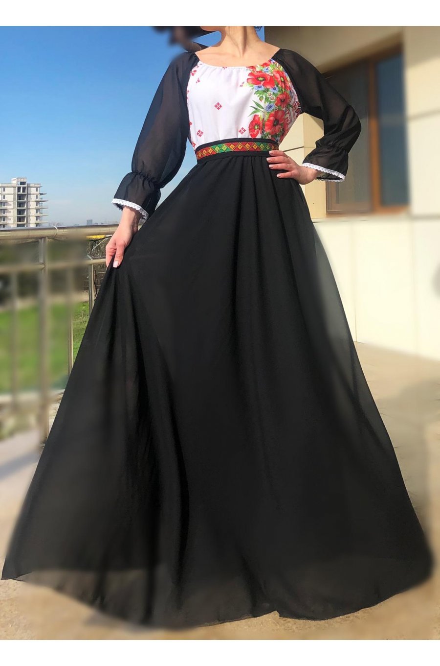 Rochie lunga neagra din voal cu motive traditionale vaporoasa Emanuela 1 - jojofashion.ro