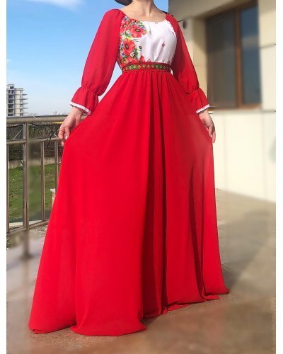 Rochie lunga rosie din voal cu motive traditionale vaporoasa Emanuela Rochii lungi, Rochie lunga rosie din voal cu motive traditionale vaporoasa Emanuela - jojofashion.ro