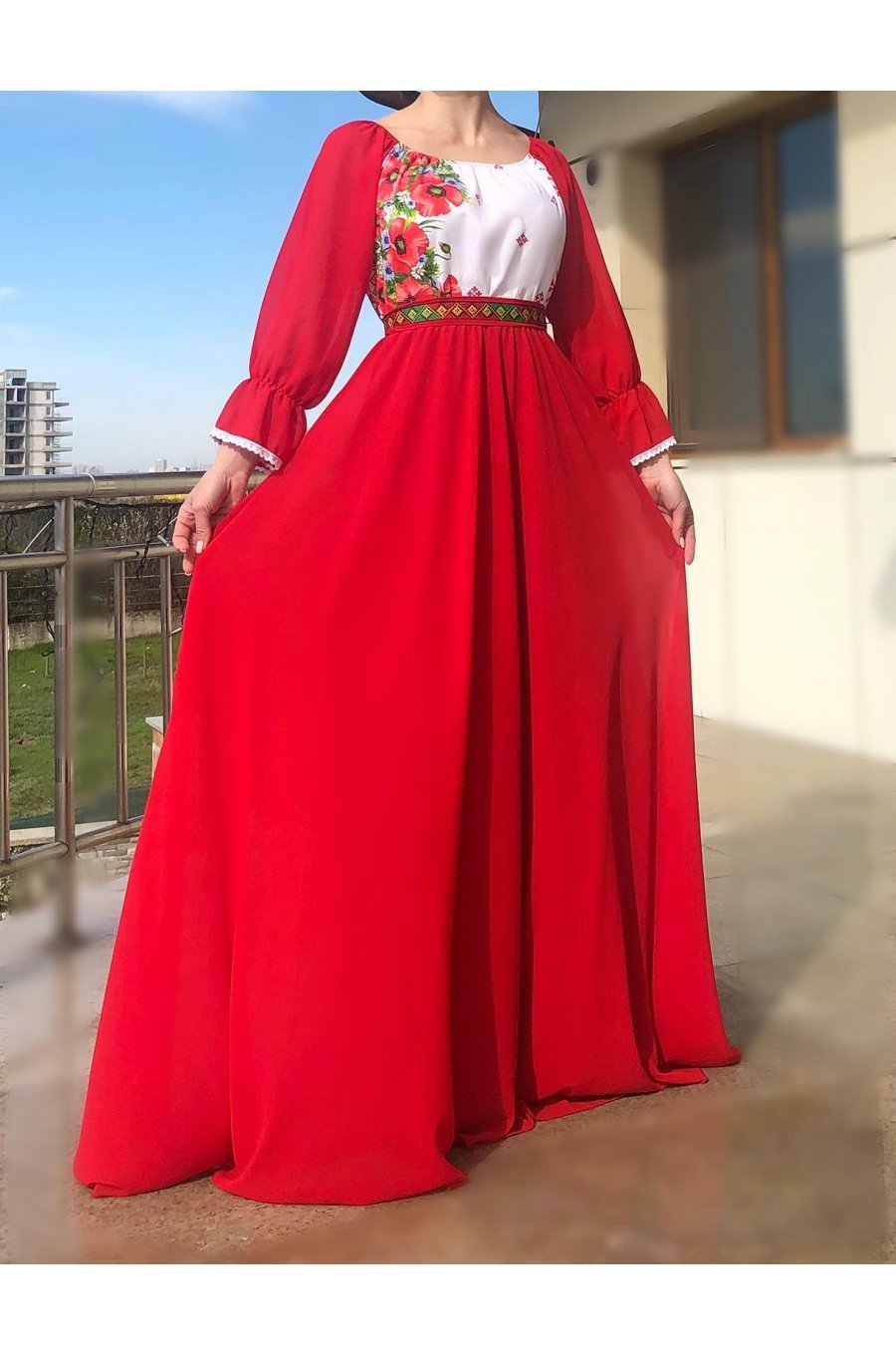 Rochie lunga rosie din voal cu motive traditionale vaporoasa Emanuela 1 - jojofashion.ro