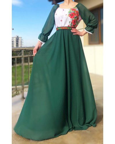 Rochie lunga verde din voal cu motive traditionale pe bust Emanuela Rochii de Ocazie Elegante, Rochie lunga verde din voal cu motive traditionale pe bust Emanuela - jojofashion.ro