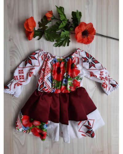 Rochie fata tafta burgundy cu motive traditionale Mella - jojofashion.ro