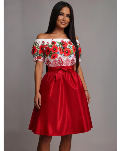 Rochii traditionale, Rochie de zi midi traditionala in clos din tafta rosie cu maci Adana - jojofashion.ro