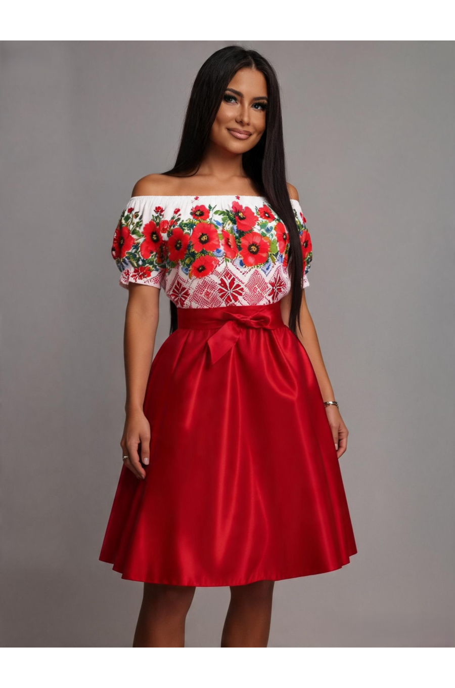 Rochie de zi midi traditionala in clos din tafta rosie cu maci Adana 1 - jojofashion.ro
