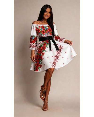 Rochii traditionale, Rochie traditionala scurta alba cu maci rosii Lesya - jojofashion.ro