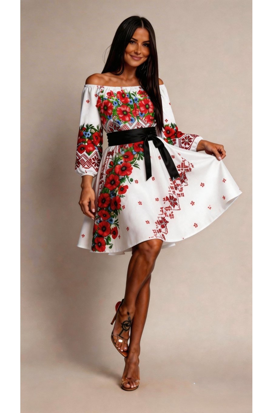 Rochie traditionala scurta alba cu maci rosii Lesya 1 - jojofashion.ro