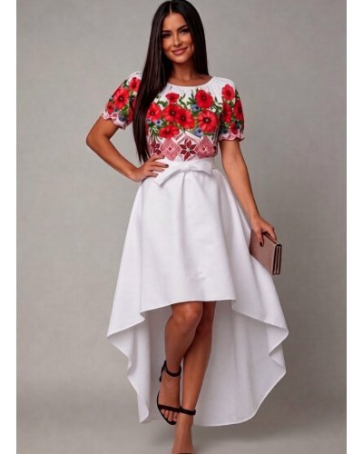 Rochii traditionale, Rochie traditionala asimetrica, tafta alba si maci, cu trena, Byanca - jojofashion.ro