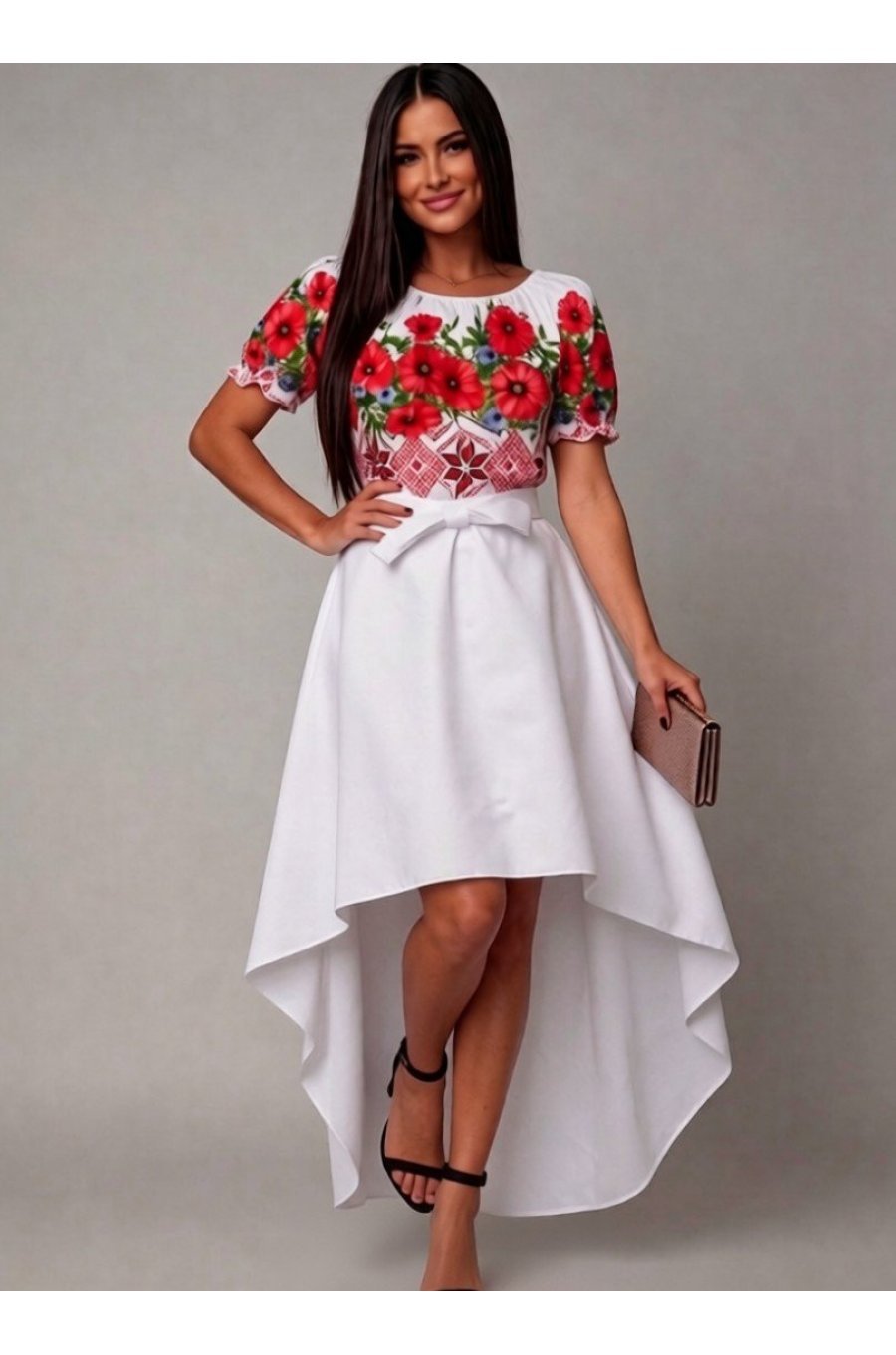 Rochie traditionala asimetrica, tafta alba si maci, cu trena, Byanca 1 - jojofashion.ro