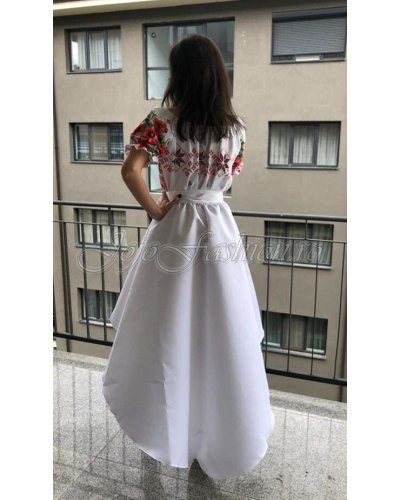 Rochii traditionale, Rochie traditionala asimetrica, tafta alba si maci, cu trena, Byanca - jojofashion.ro
