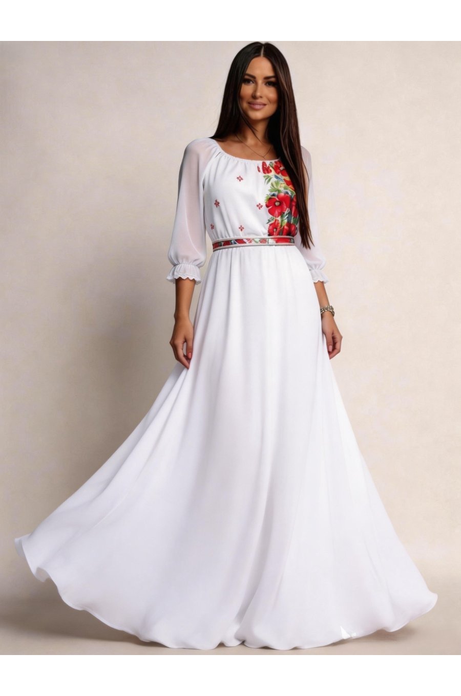 Rochie traditionala lunga alba din voal vaporoasa cu maci rosii Emanuela 1 - jojofashion.ro