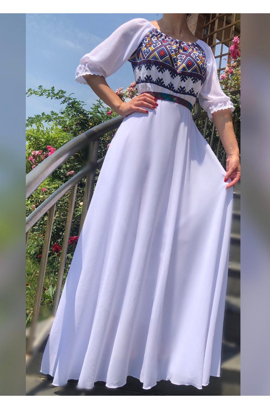 Rochie lunga alba eleganta din voal traditionala Analisa 1 - jojofashion.ro