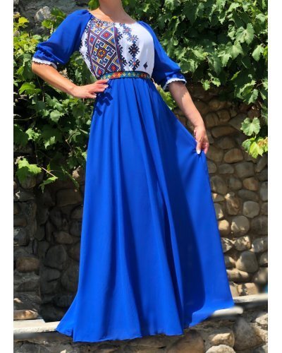 Rochie lunga albastra traditionala din voal vaporoasa Analisa Rochii lungi, Rochie lunga albastra traditionala din voal vaporoasa Analisa - jojofashion.ro