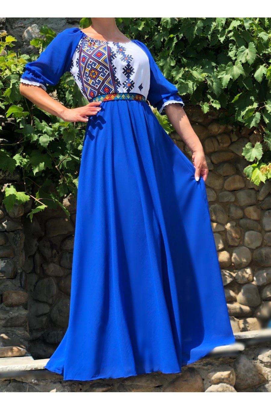 Rochie lunga albastra traditionala din voal vaporoasa Analisa 1 - jojofashion.ro