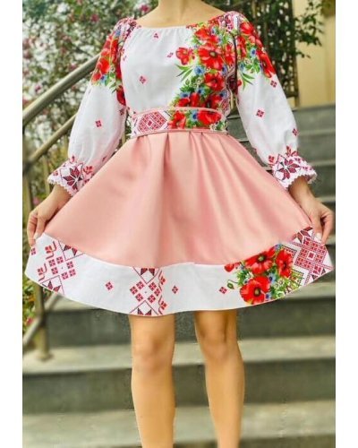 Rochie cu motive traditionale scurta din tafta roz cu maci Soledad Rochii cununie civila, Rochie cu motive traditionale scurta din tafta roz cu maci Soledad - jojofashion.ro