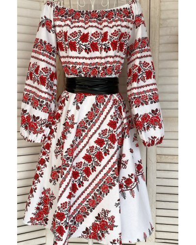 Rochii traditionale, Rochie traditionala midi, alba cu flori rosii, cu maneca lunga, Lesya - jojofashion.ro