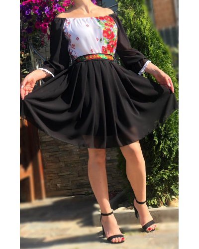 Rochii negre, Rochie scurta neagra cu maci din voal cu motive traditionale Loredana - jojofashion.ro