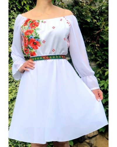 Rochie scurta alba cu maci cu motive traditionale din voal Loredana Rochii cununie civila, Rochie scurta alba cu maci cu motive traditionale din voal Loredana - jojofashion.ro
