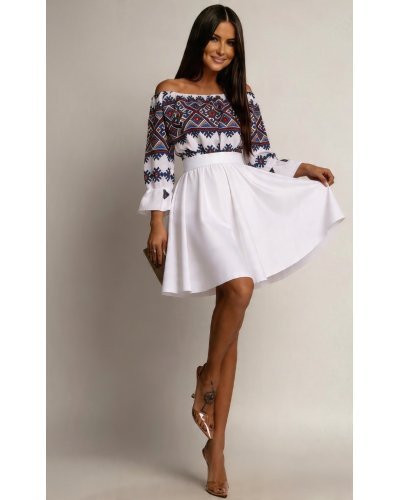 Rochii tafta, Rochie traditonala midi, din tafta alba, cu maneca lunga, Alessa - jojofashion.ro